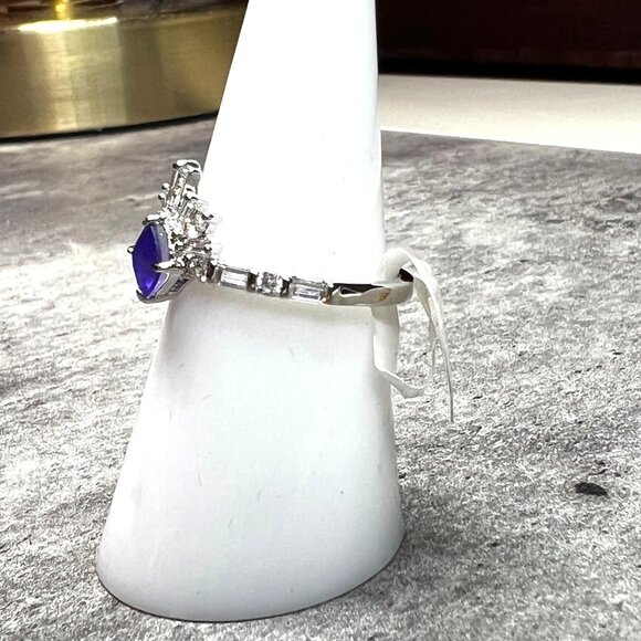 Ring Bomb Party Ring, size 7, blue stone, silver color band, CZ looking accents - Picture 2 of 5